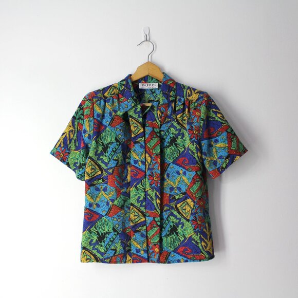 Truffles vintage 80' button down blouse top abstract retro print petite S M - Picture 2 of 7
